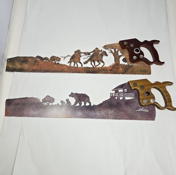 2 Decorative Hand Saws Silhouette Cowboys & Family Of Bears-Cabin Rusted Patina - Picture 2 of 16